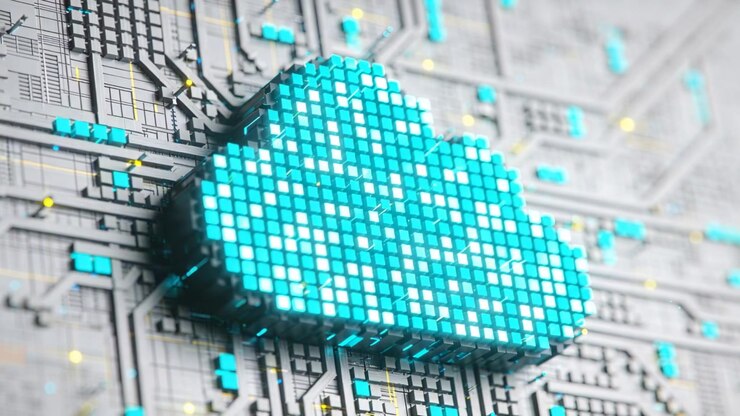 Zooming camera revealing turquoise cloud pulsing on PCB, cyan blocks and yellow nodes showing flow