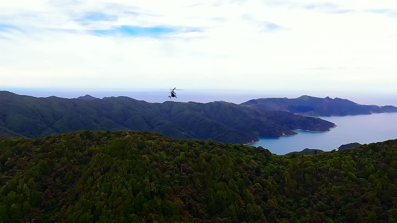 Helicopter flying west over the Marlborough sounds in South Island, New Zealand