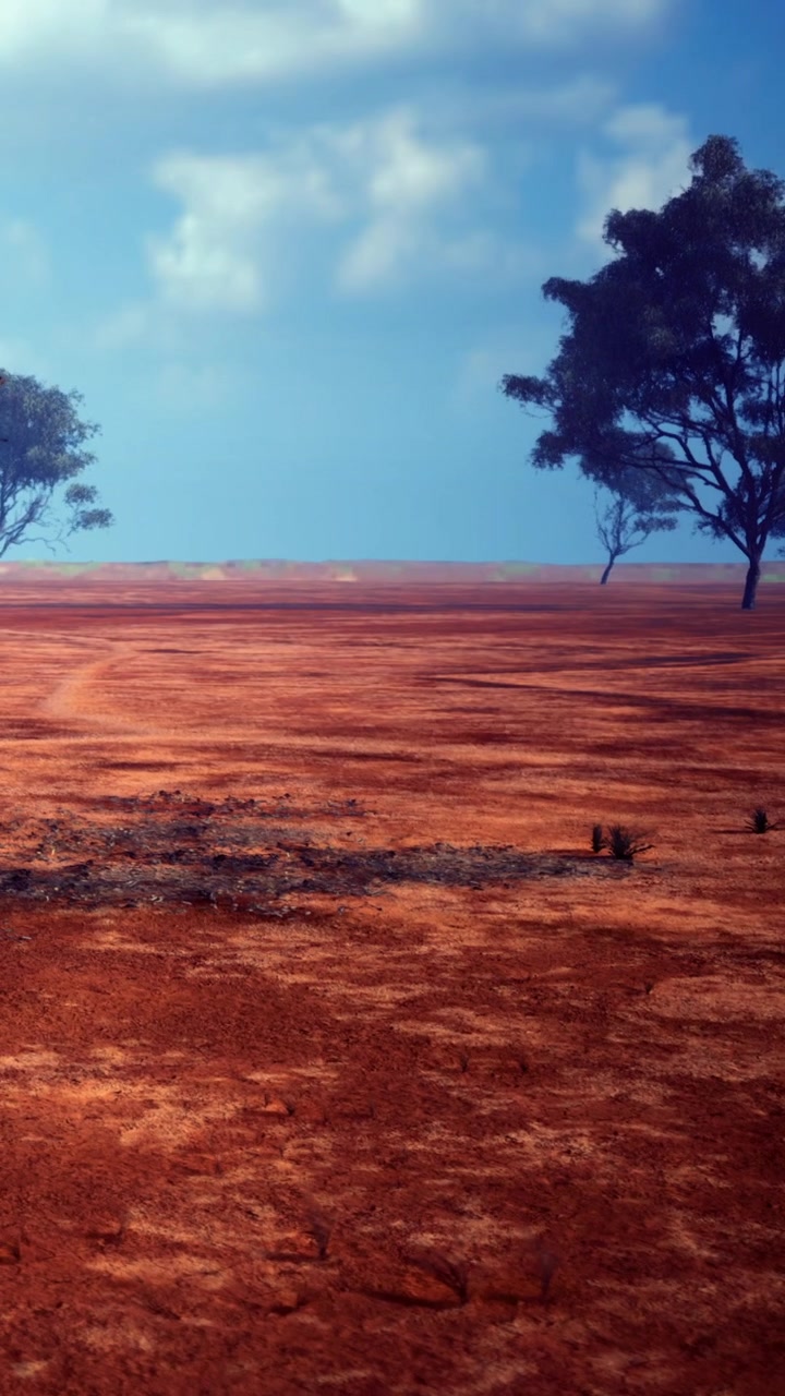 Staubiges Land mit Bäumen unter blauem Himmel in einer trockenen Landschaft tagsüber.