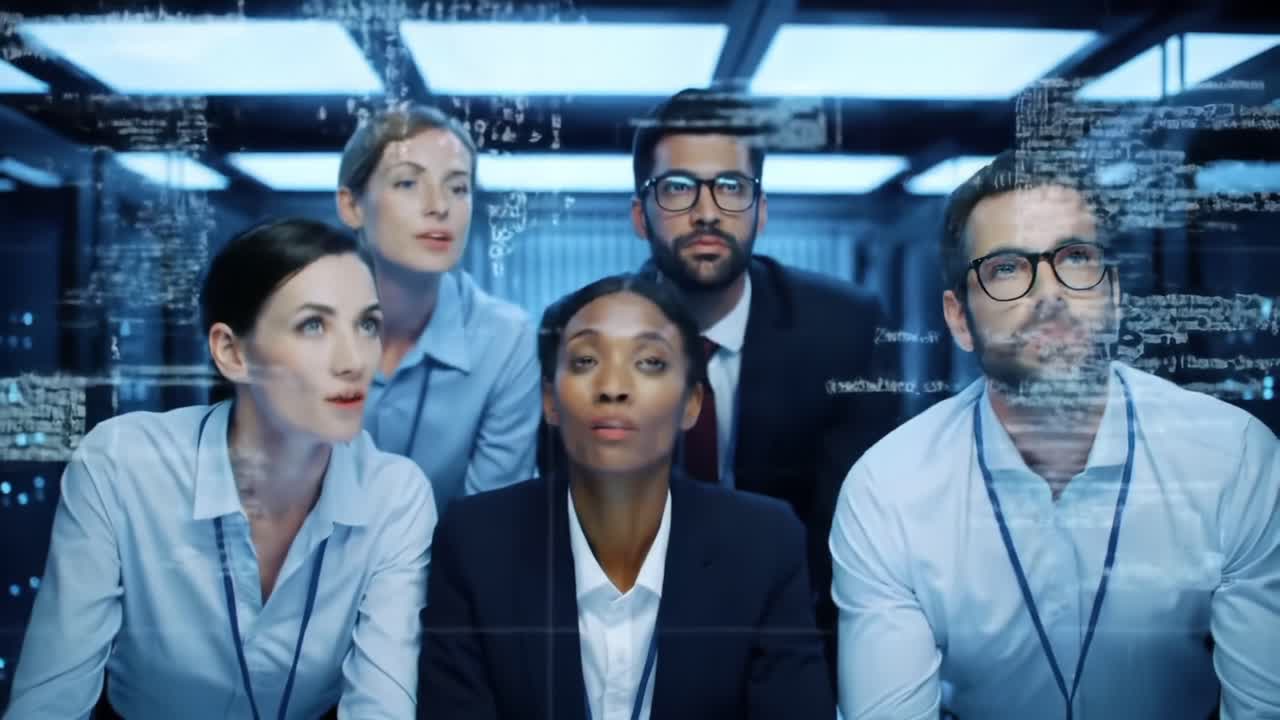 A Diverse Team Collaborates on Complex Data Analysis in a Modern, High-Tech Environment, Showcasing Teamwork and Innovative Solutions in Real-Time Decision Making