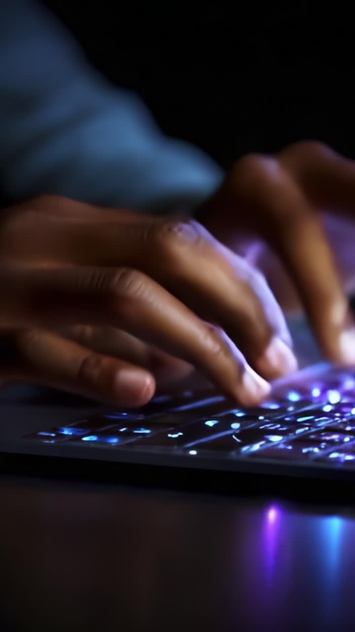 Nærbillede af hænder, der skriver på et laptop-tastatur i svagt lys, med farverige baggrundsbelyste taster og fokus på elegancen i fingerbevægelser og teknologiinteraktion