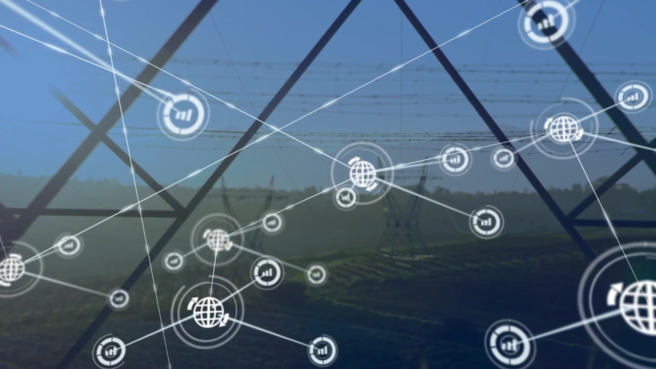 Initial globe icon appearing, network overlay expanding across power corridor, mapping energy grid