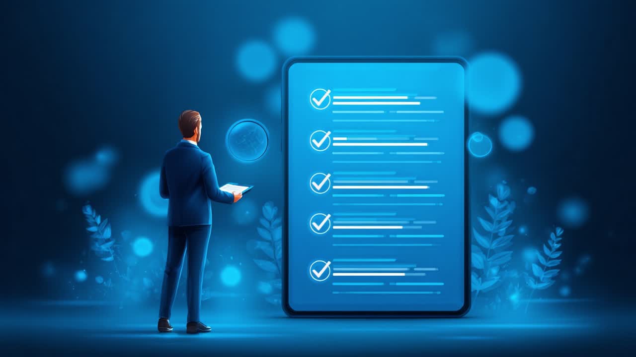 Un Profesional Concentrado Observando una Lista de Verificación en un Dispositivo Digital con un Fondo Azul Etéreo, Representando la Gestión de Tareas y la Productividad