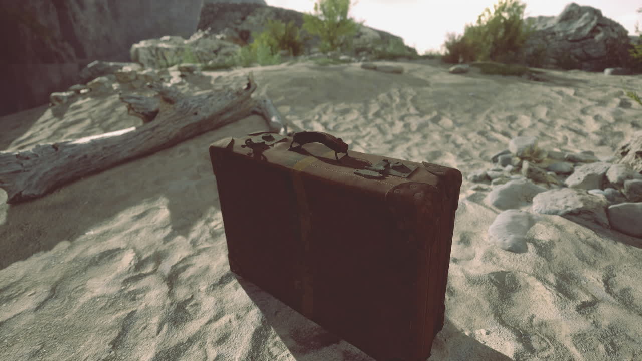 Old suitcase left on sandy beach in a remote location during sunset