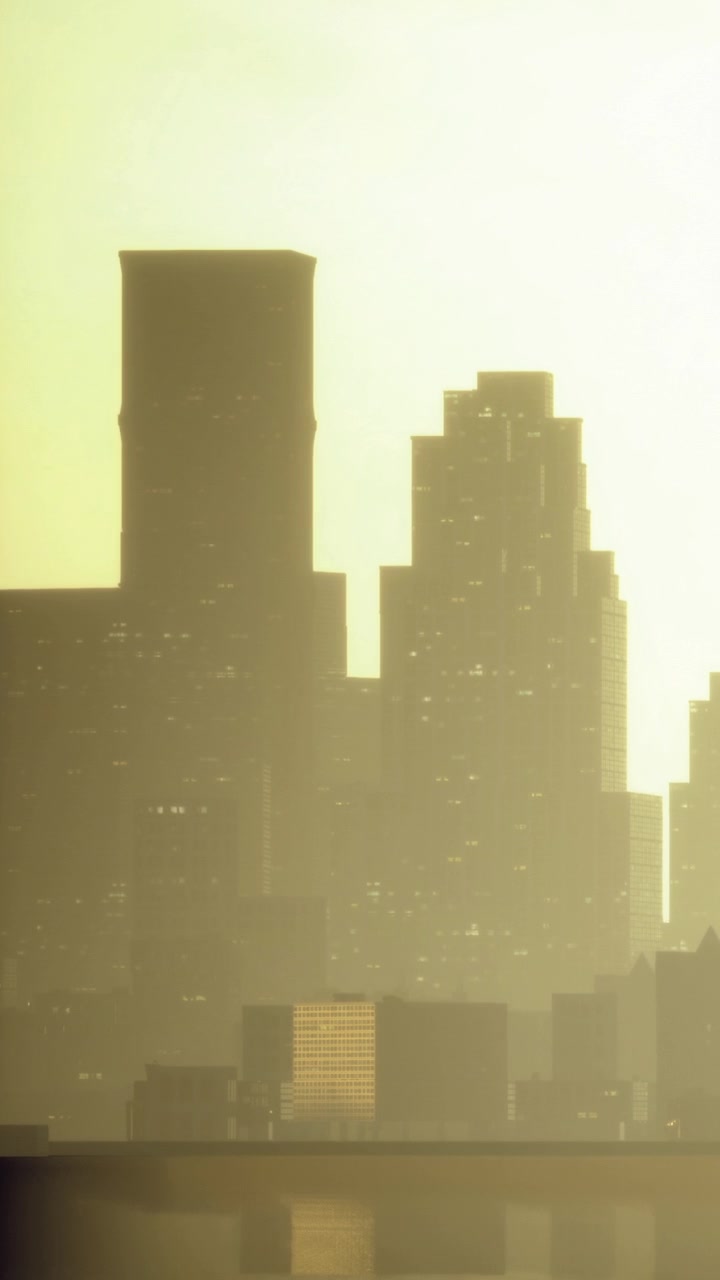 Horizonte de la ciudad al atardecer con edificios altos y luz suave.