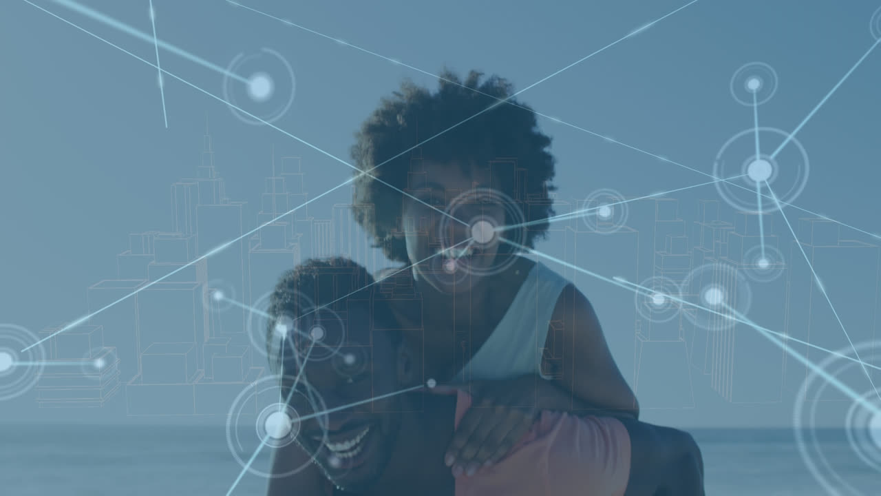 animación de conexiones sobre una feliz pareja afroamericana divirtiéndose en la playa