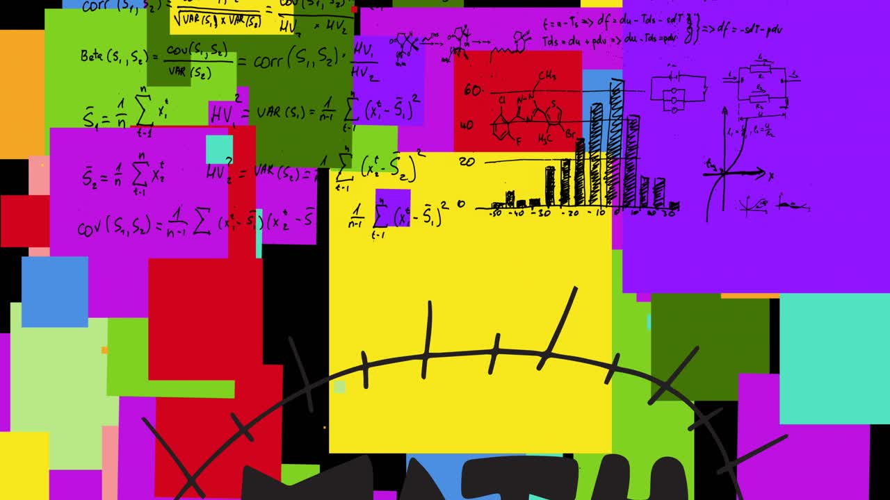 Animazione di testo matematico ed equazioni matematiche su quadrati colorati su sfondo nero.