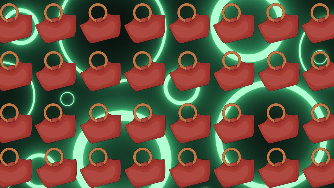 animación de bolsos femeninos sobre fondo negro con círculos de neón