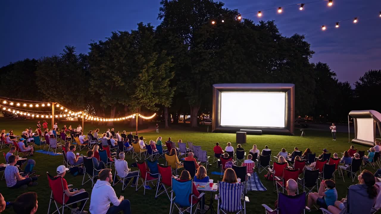 Plano gran angular de una noche de cine al aire libre, con una pantalla grande y luces de cadena