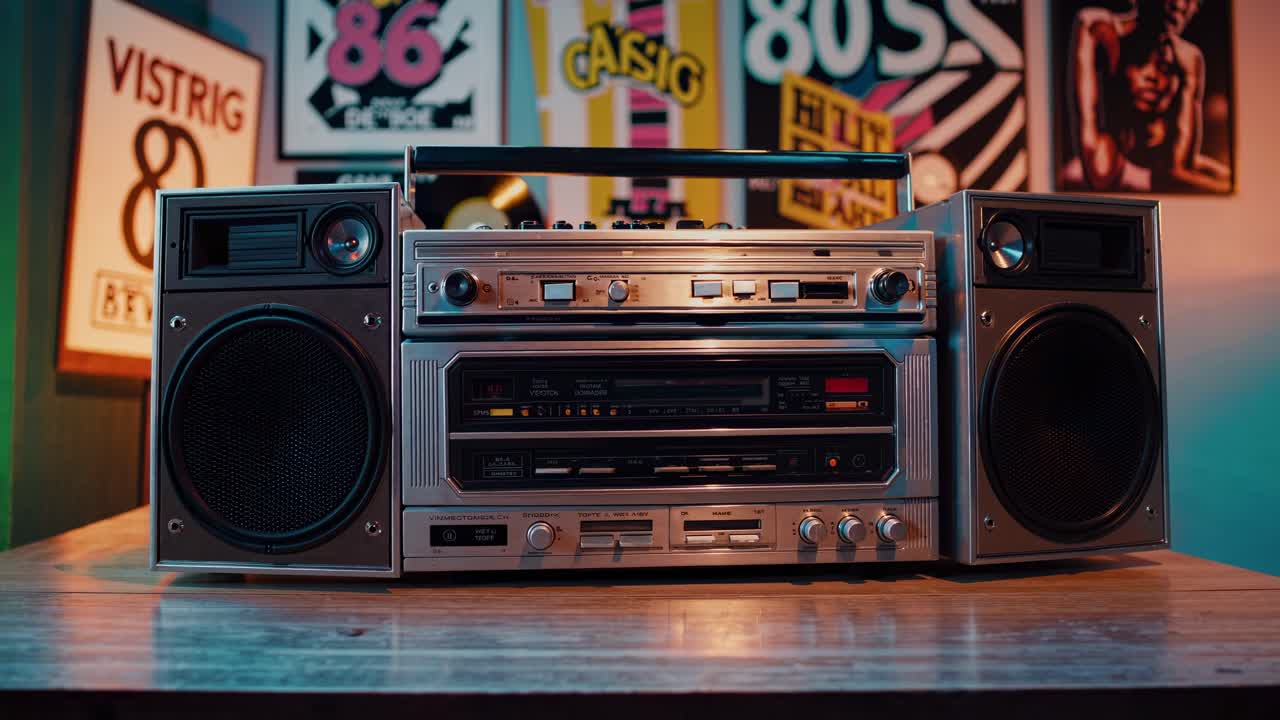 Radiocasetera retro sobre una mesa de madera, capturada a la altura de los ojos. Vibrantes pósteres de los 80 en el fondo.