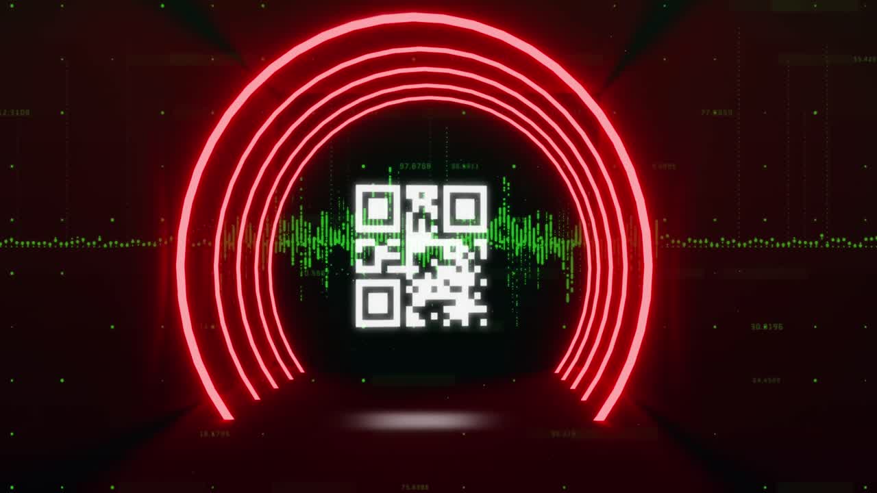 QR code scanner with neon elements against green light trails