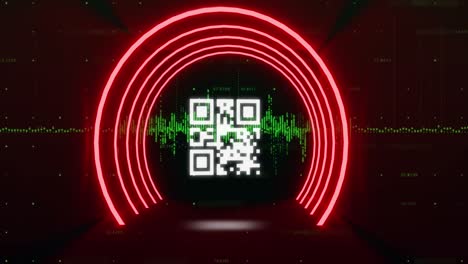 escáner de código qr con elementos de neón contra rastros de luz verde