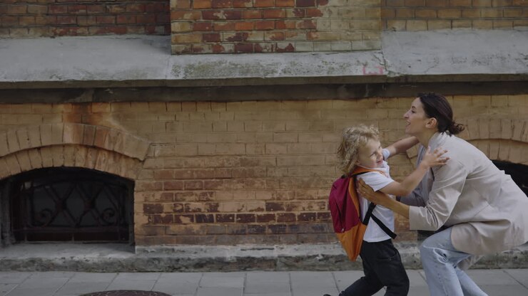 Mother and Son at School Drop Off