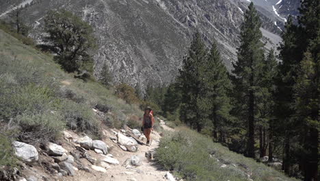 young woman with backpack on big pine lake hiking trail with sierra nevada mountains in background, wide view