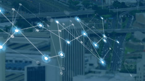 animación de la red de conexiones y procesamiento de datos sobre el paisaje urbano