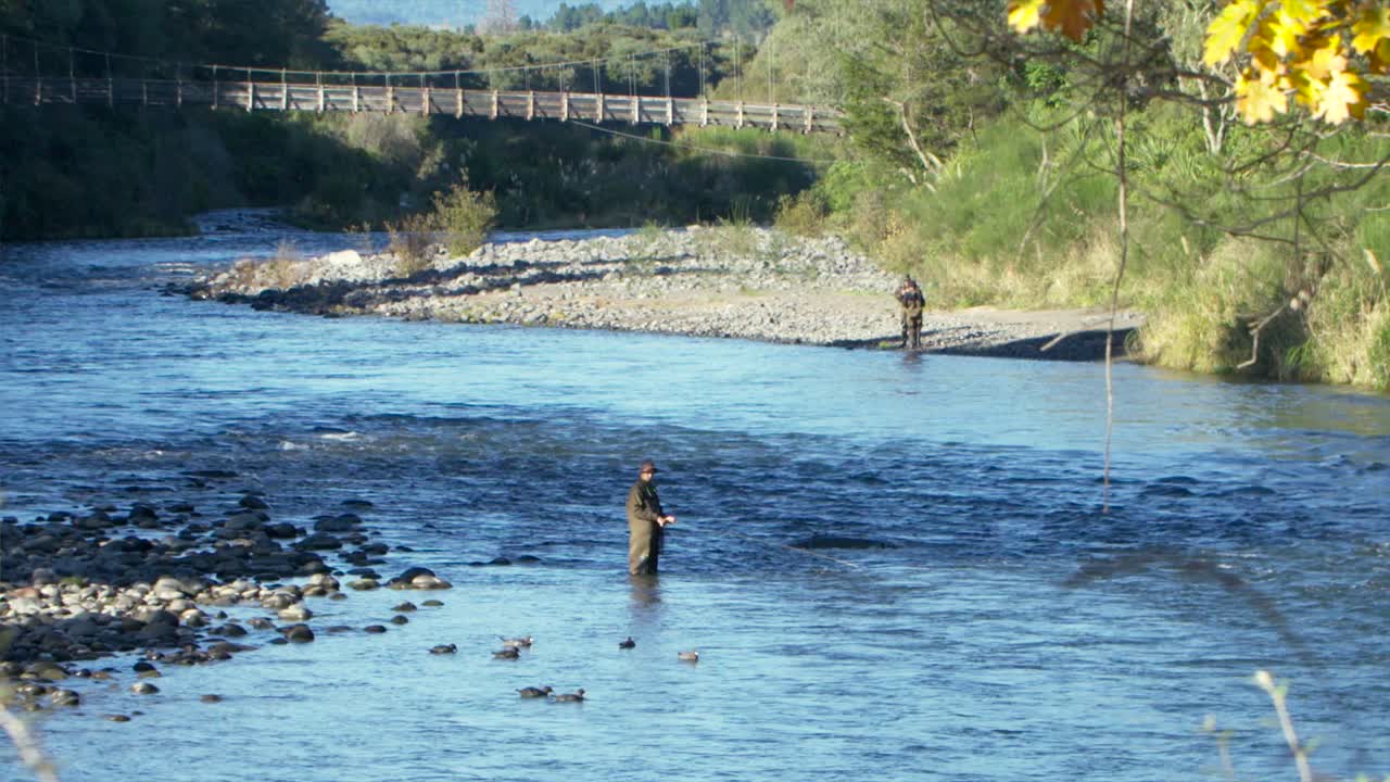 Slow motion shot of a man fly fishing in the middle of Tongariro river, New Zealand