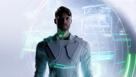 a man in futuristic attire surrounded by digital technology