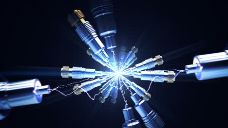 a closeup of multiple connectors with electrical sparks