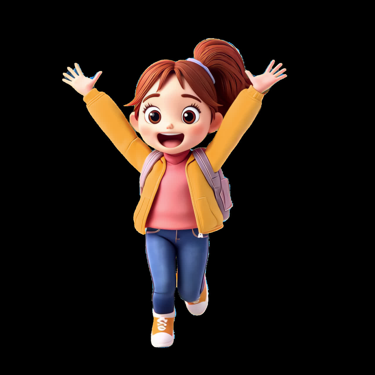 Joyful animated girl jumping animation isolated asset, transparent 4K video, alpha channel, ProRes