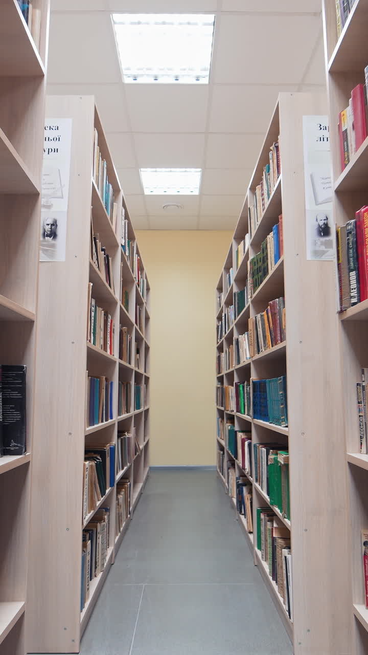 Bookshelves in the university library. Shot between two shelves filled with books. Vertical video