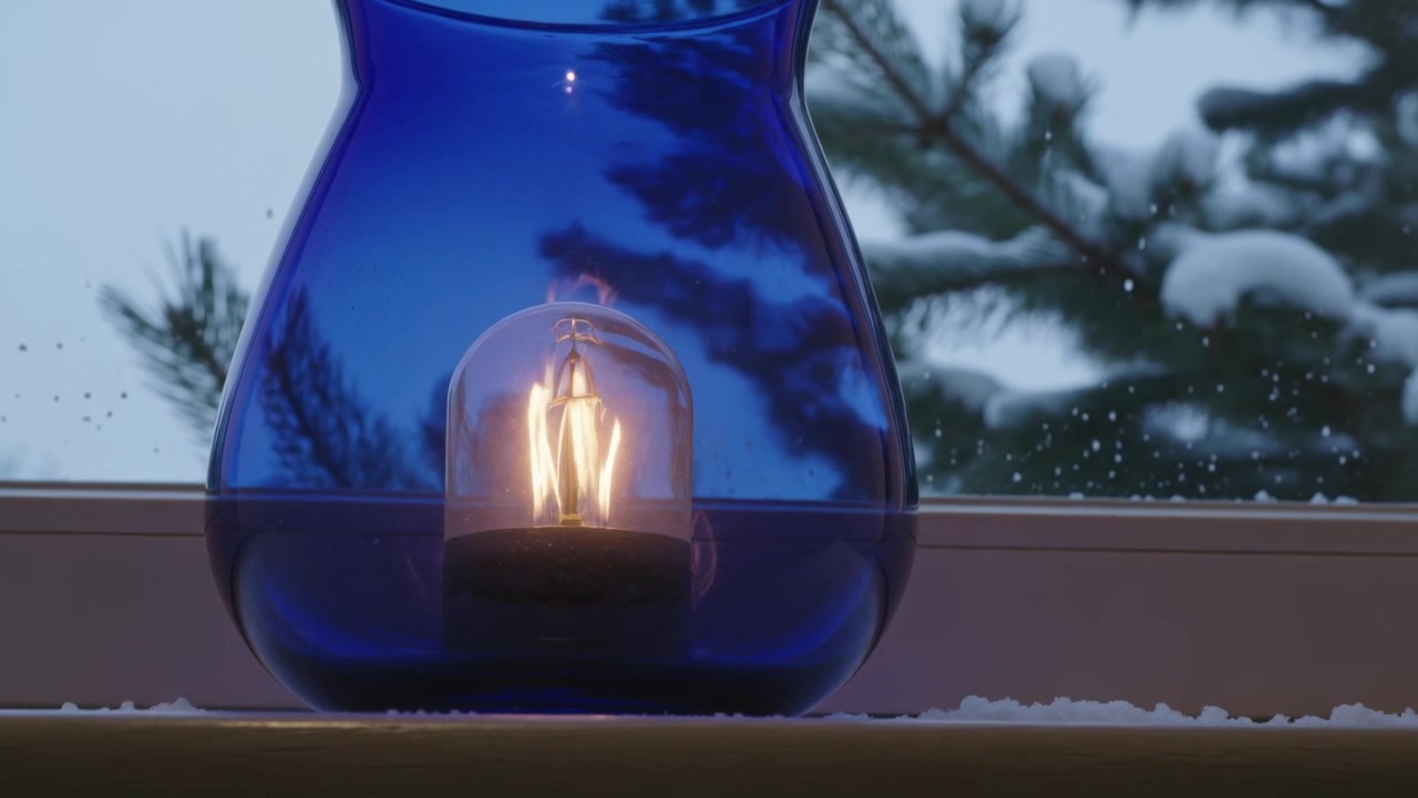 Lampada a filamento incandescente all'interno di un vaso di vetro blu che riscalda il davanzale, in contrasto con rami di pino innevati.