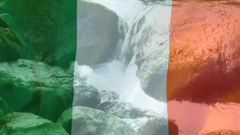 Animación-De-La-Bandera-De-Irlanda-Sobre-Rocas-Y-Río.