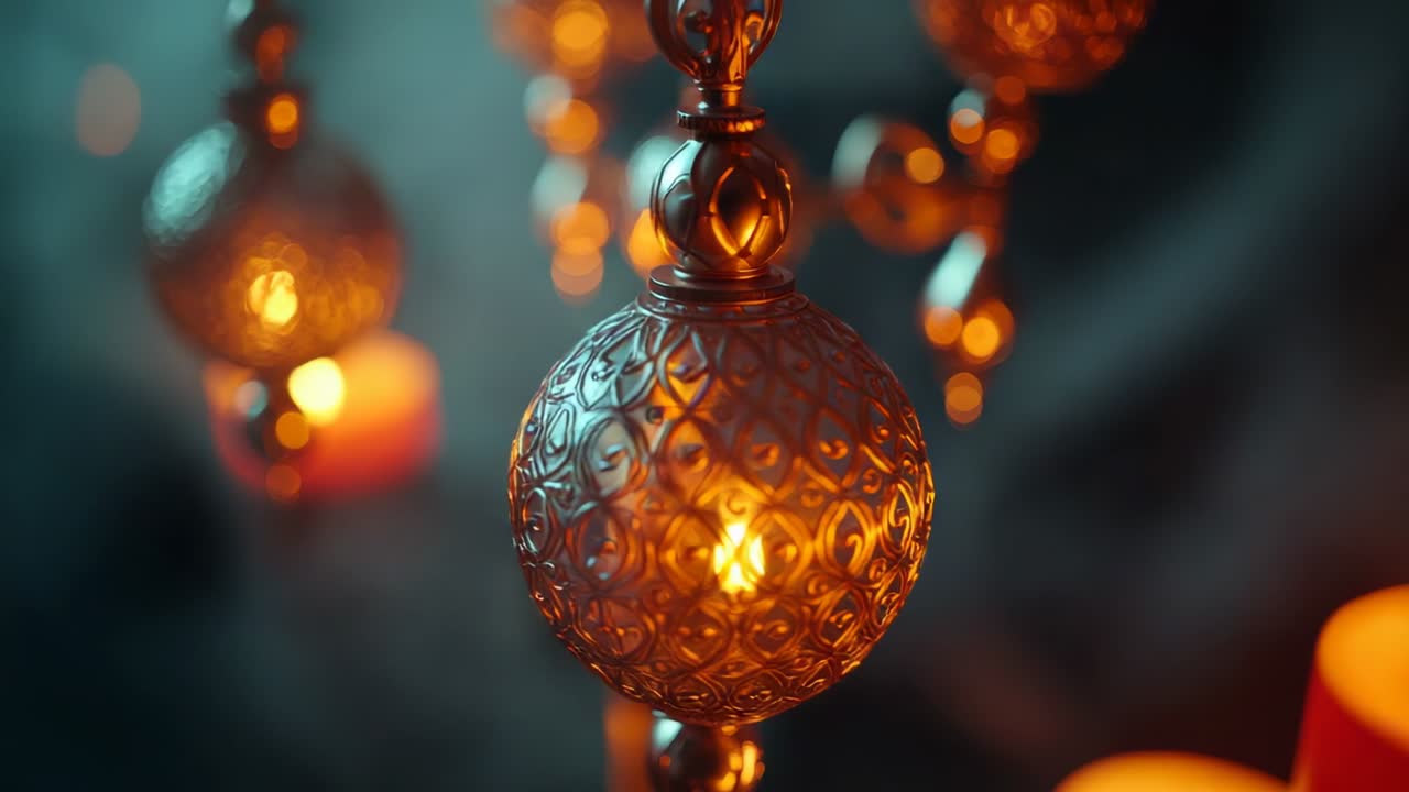 Camera panning around filigree sphere swinging on chain under candle flame in room, showing details