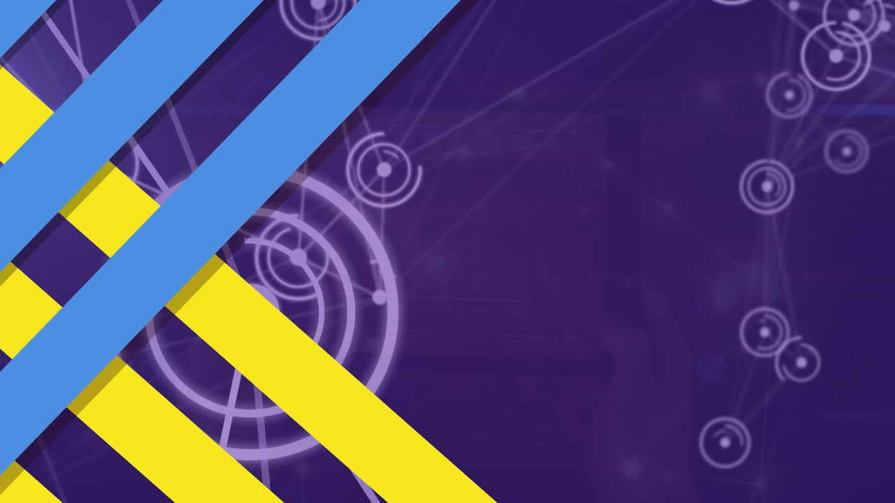 animación de formas geométricas coloridas sobre una red de conexiones en fondo púrpura