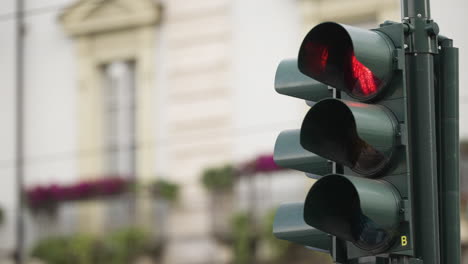 static close up shot of traffic light showing red in europe