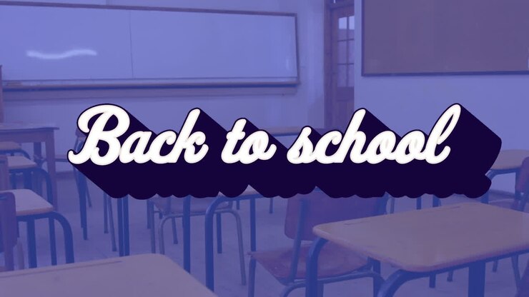Digital animation of back to school multicolored text against empty class at school in background