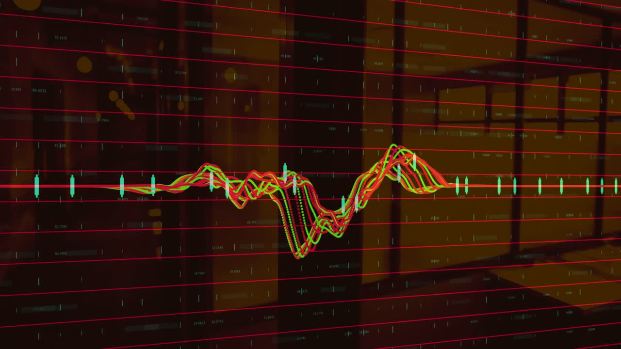 Digital composition of financial data processing against empty office in background