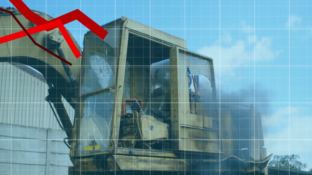 Red arrow and grid animation over construction equipment in industrial setting