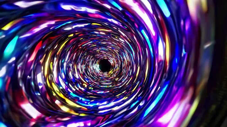 Vibrant neon lights forming mesmerizing spiral, swirling intensely toward central point, generating hypnotic visual vortex consuming viewer's gaze