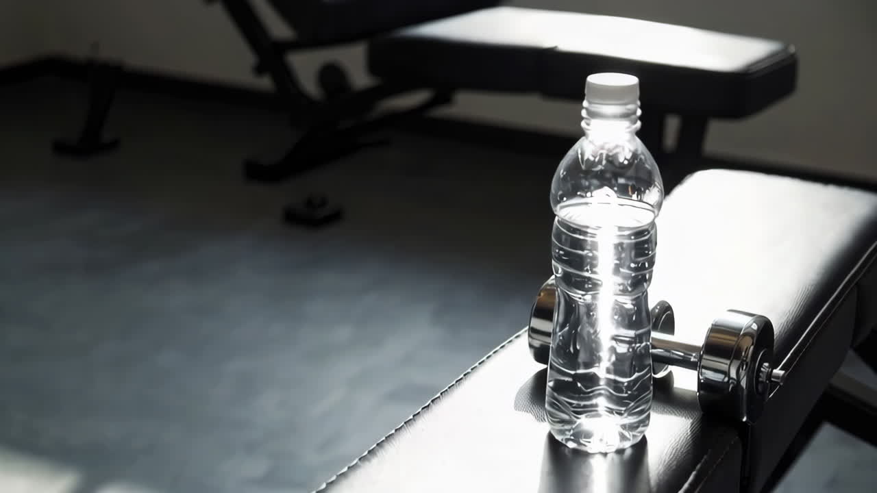 Water bottle and dumbbell on exercise bench in gym