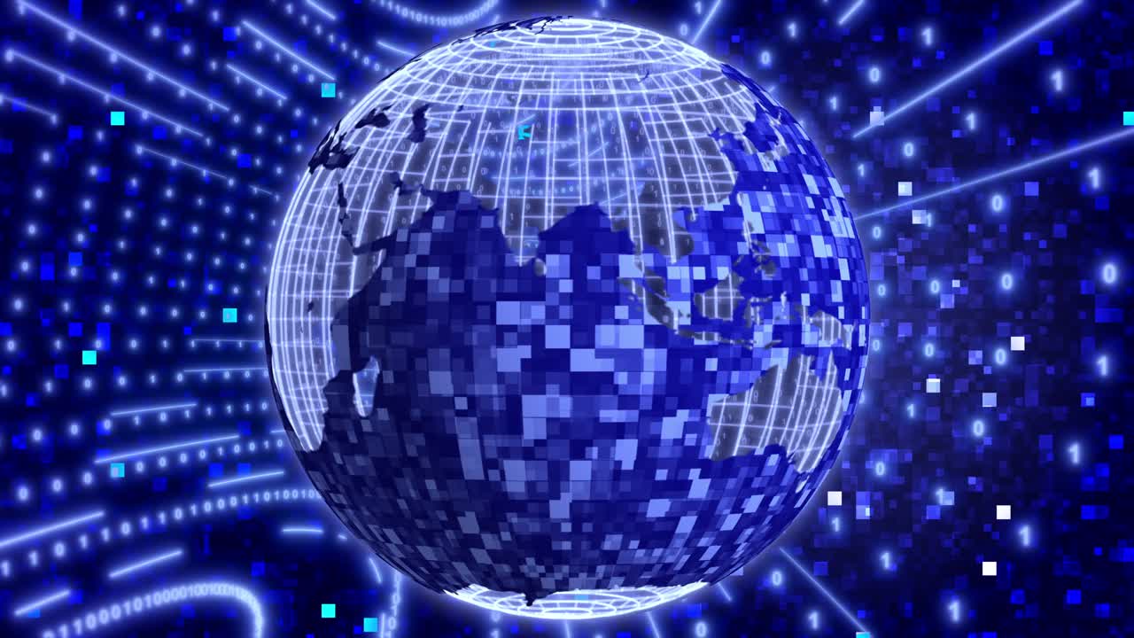 회전하는 파란 행성 지구와 함께 매트릭스 디지털 이진 배경. 네트워크, 디지털 이벤트에 대한 4k 애니메이션.