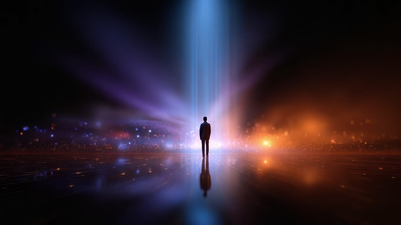 A solitary figure stands in a mesmerizing space illuminated by vibrant beams of light, creating an ethereal atmosphere full of mystery and wonder