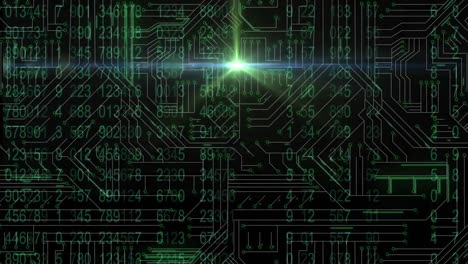 animación de números cambiantes y luz sobre placas de circuitos de computadora