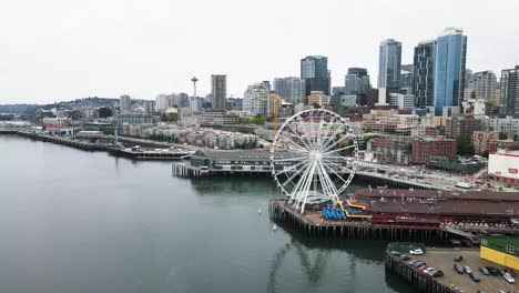 a fly by drone shot of the great ferris wheels in seattle, washington in united state of america