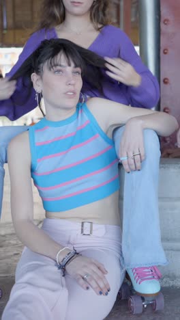 young women with roller skates in a casual setting