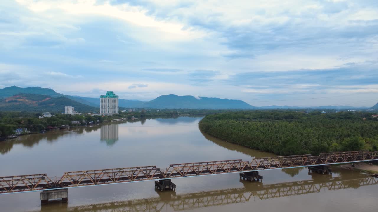 Aerial over Old Railway Bridge in Kampot, Cambodia Southeast Asia infrastructure