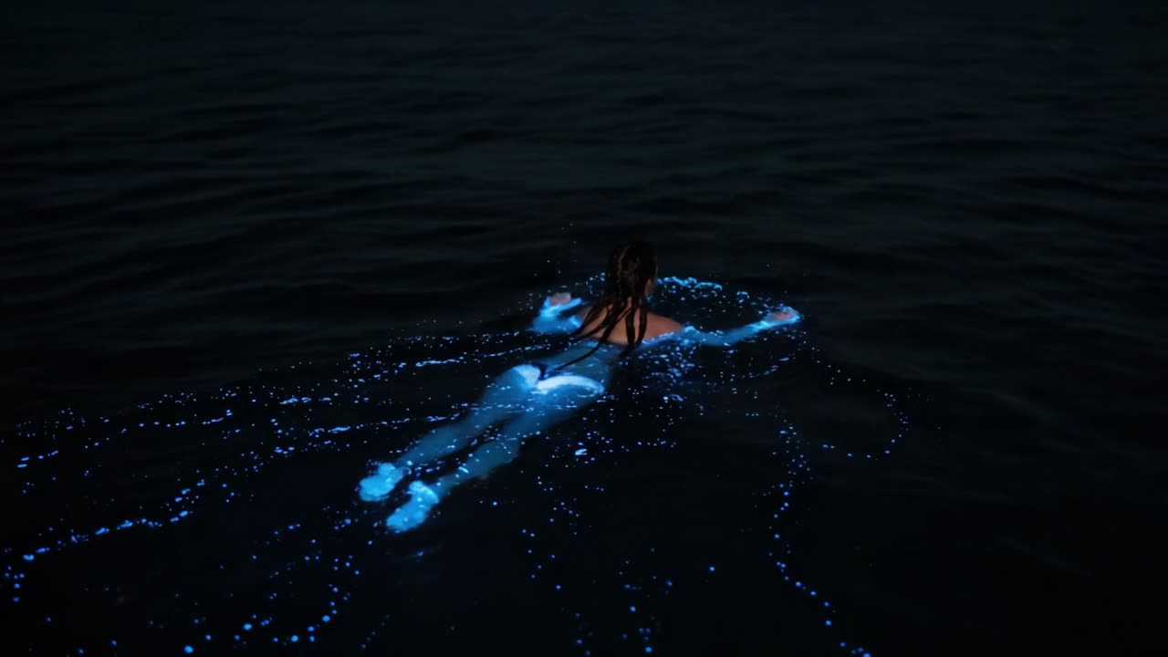 A mesmerizing night scene of a figure swimming in dark waters, illuminated by glowing bioluminescence that creates a stunning display of light and tranquility