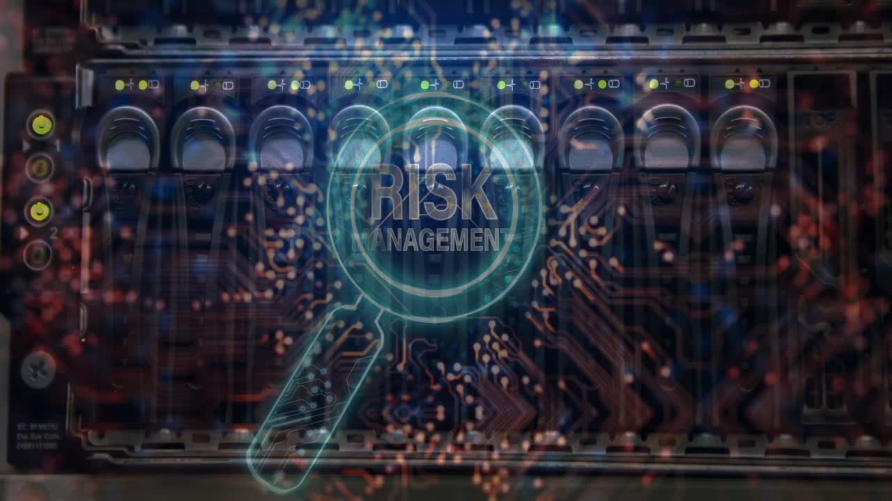 Animation of risk management text over reading glass and server room