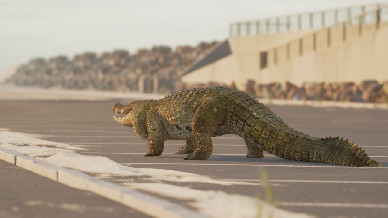 도시 거리를 고 있는 악어