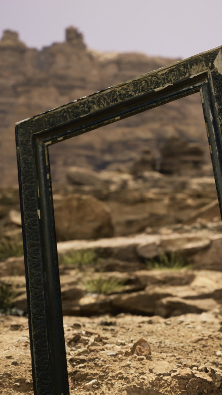 Framed desert landscape evokes mystery and adventure in a barren land