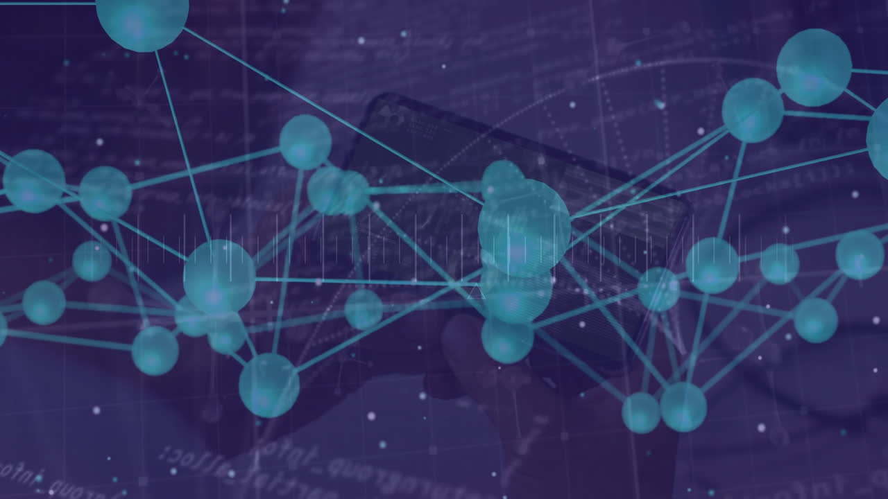 Network of connections and data processing animation over smartphone and graphs