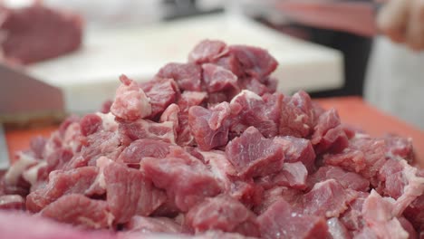 a pile of raw diced meat in a butcher shop