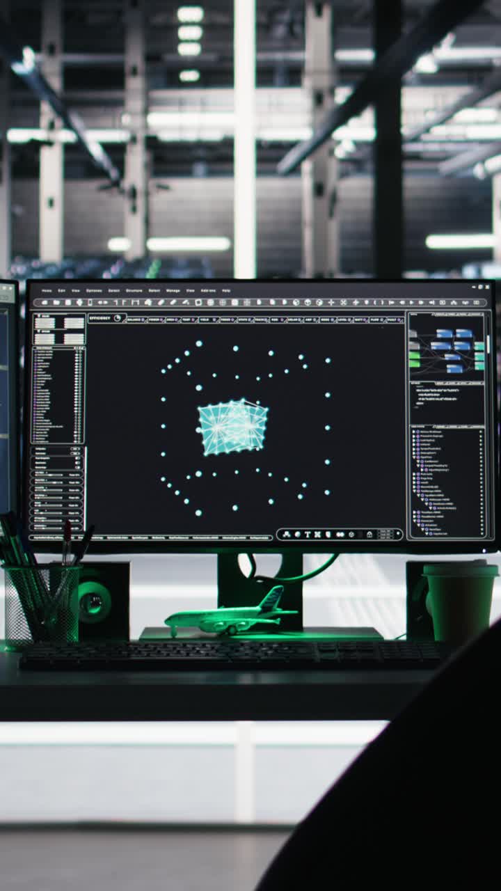 Vertical Video Monitors In Data Center Displaying Node Tree Programming Software