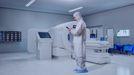 full body side view of asian male scientist using smartphone while standing with mri machine in the hospital