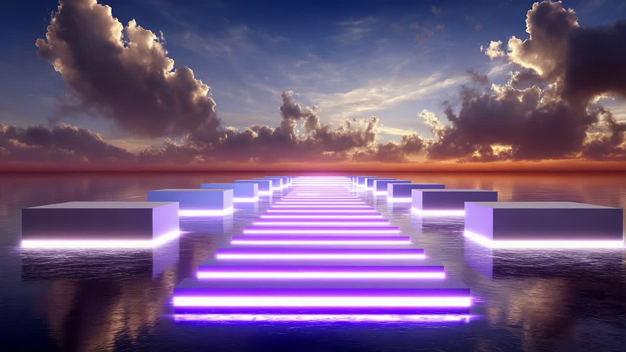 A Serene Path of Illuminated Steps Leading into a Captivating Sunset Over a Tranquil Ocean, with Reflective Surfaces and Dramatic Clouds Enhancing the Scene's Beauty