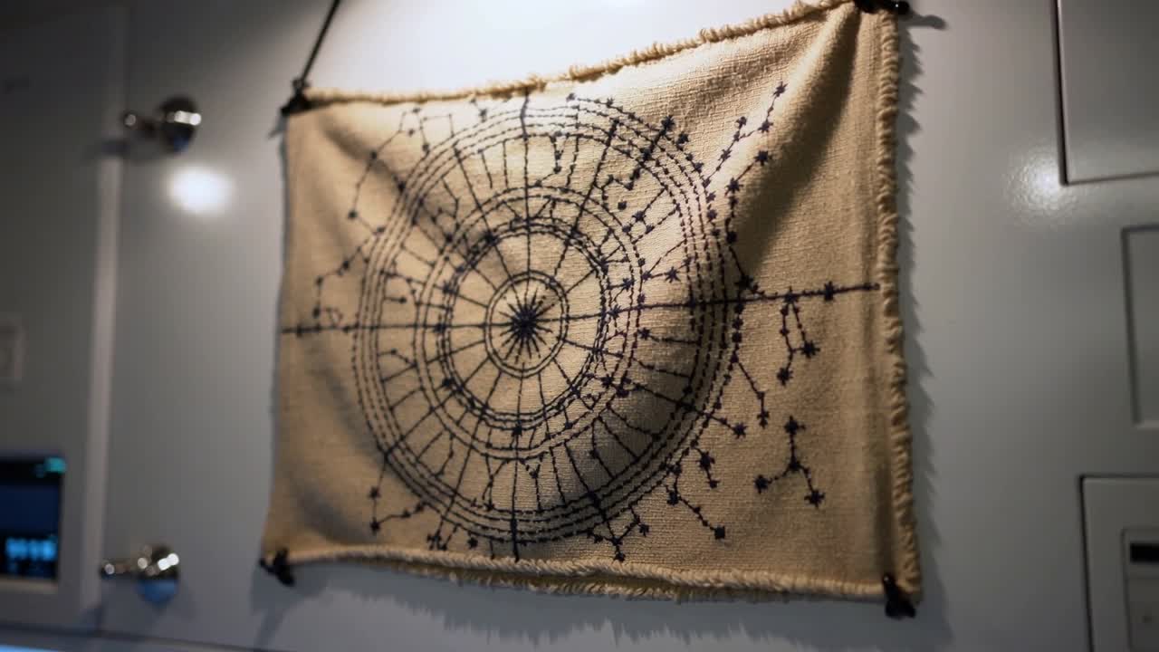 Kameraet panorerer og avslører et beige veggteppe på en blank vegg, som fremhever en mandala og en metallknott.
